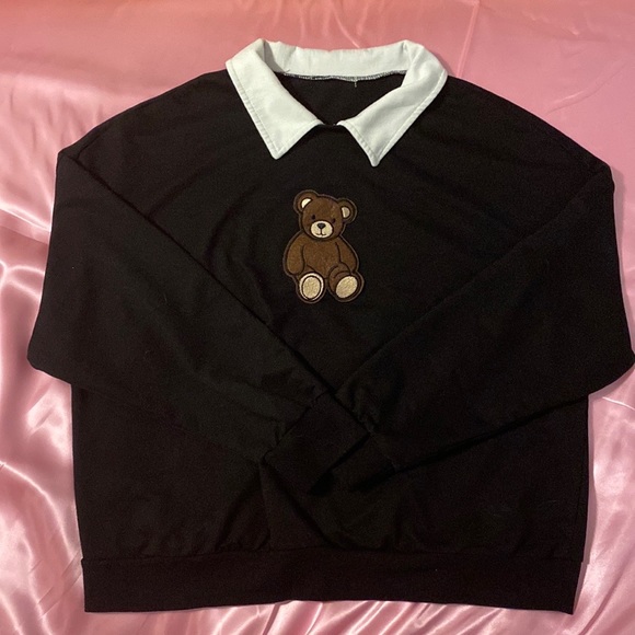 Y2K Preppy Black Collard Teddy Bear Sweater - Picture 4 of 4